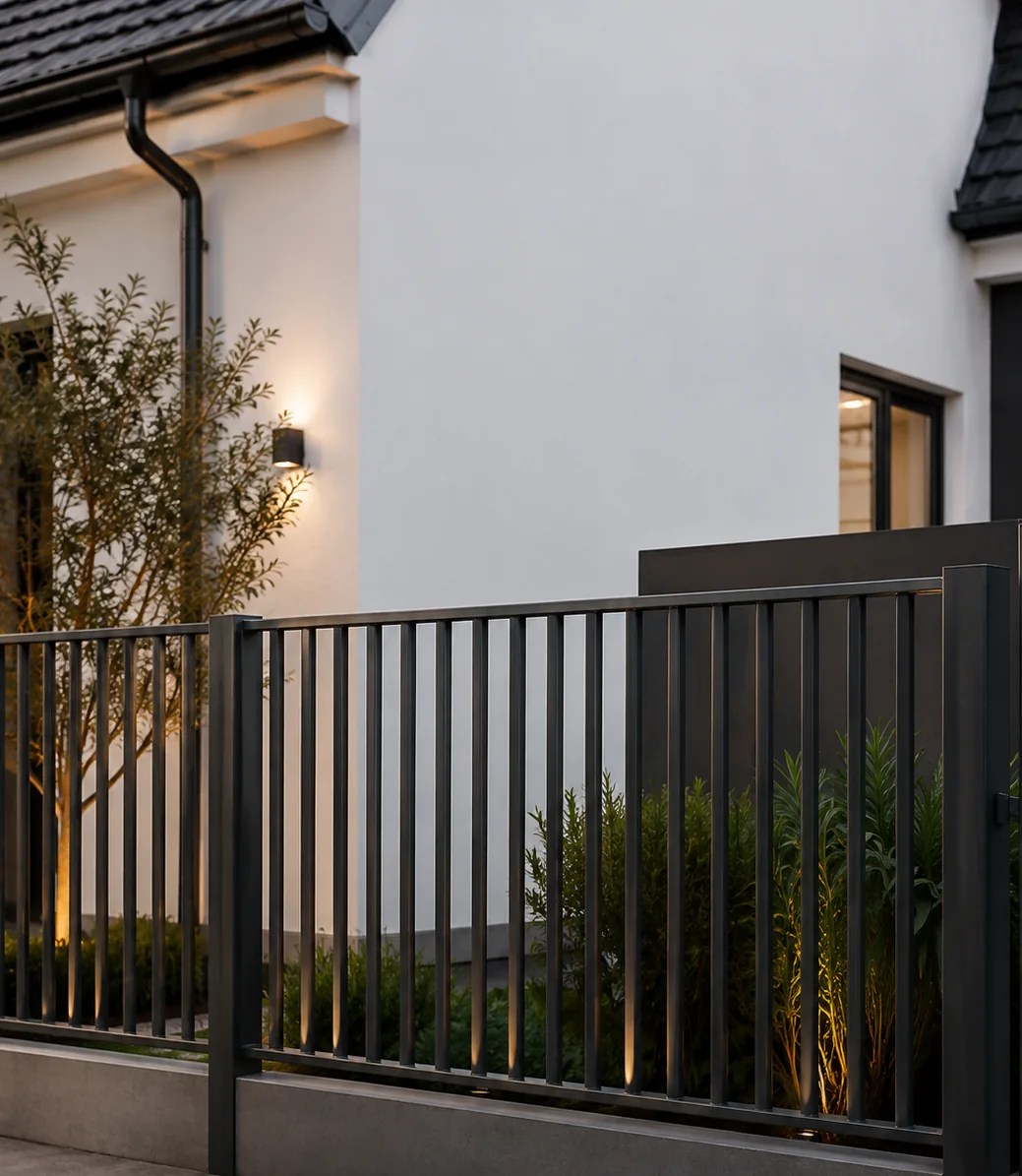 Cerca tubular metálica moderna sob medida em fachada residencial