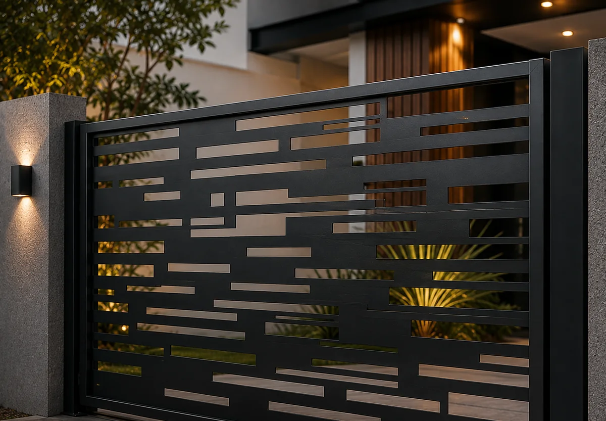 portão residencial em chapa de aço preta cortada a laser com desenho geométrico