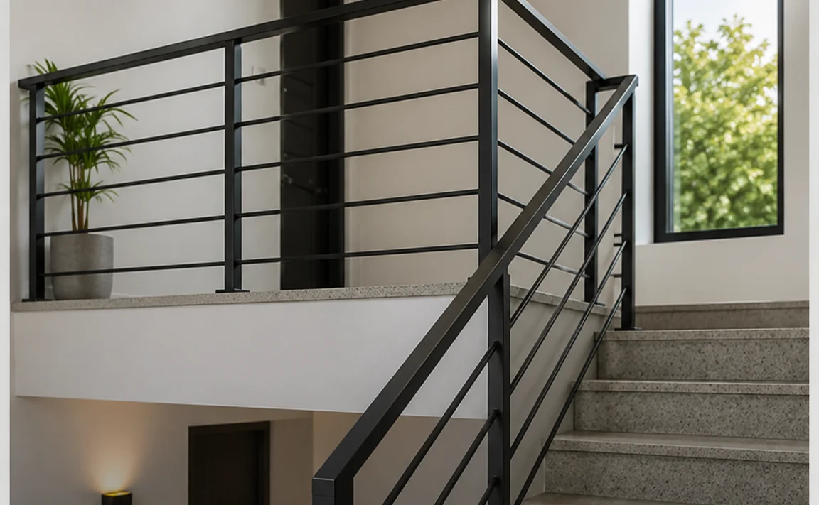 Guarda-corpo e corrimão em ferro tubular quadrado preto em escada moderna