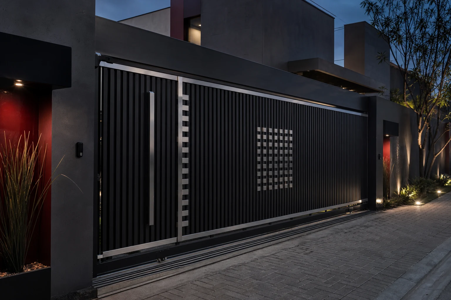 Portão de aço preto com detalhes metálicos em residência contemporânea